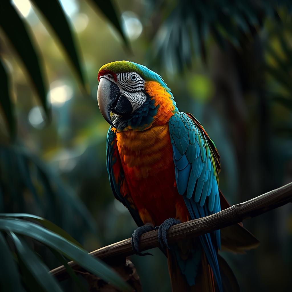A close-up of a rare, colorful tropical macaw perched on a vine in a deep forest, soft sunlight filtering through leaves, blurred forest background, high resolution natural history style.